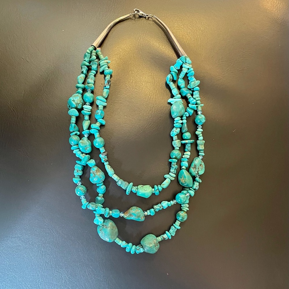 Triple-strand turquoise and 925 SS necklace - Picture 2 of 5